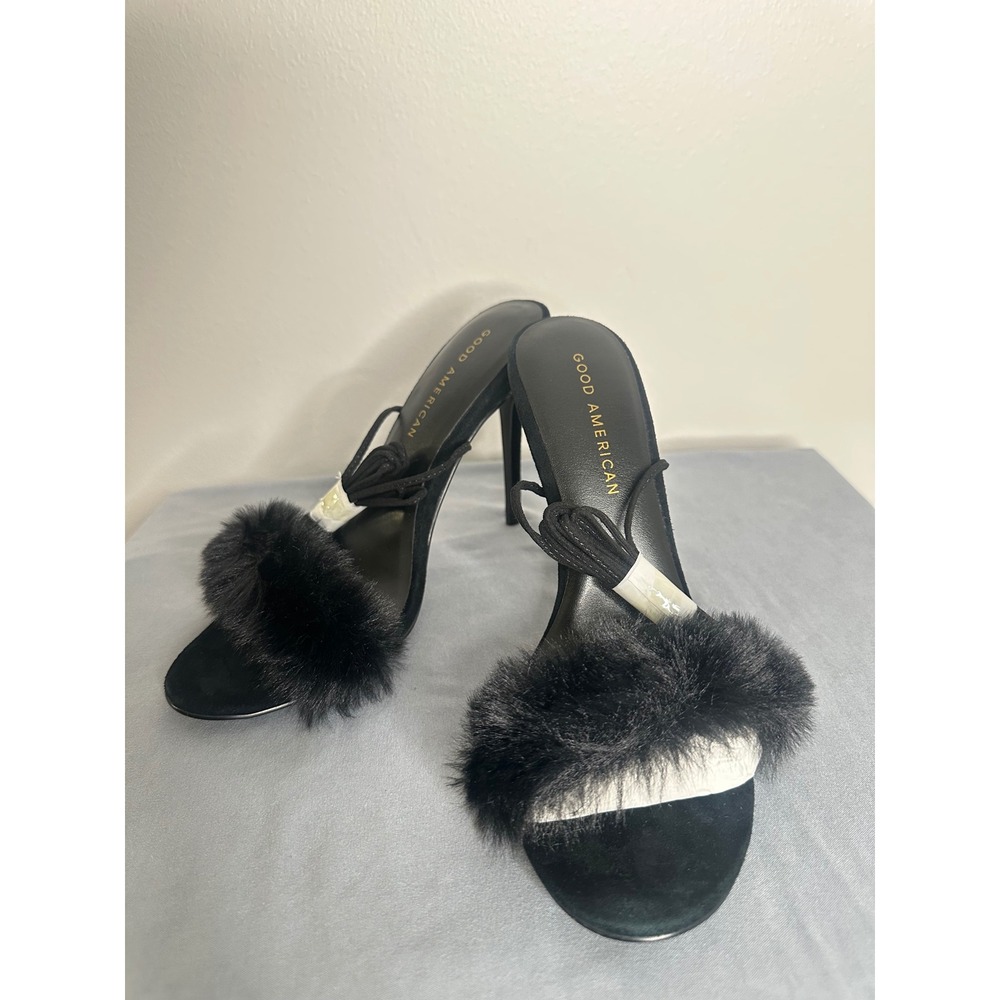 Good American Cinder-Ella Black Faux Fur Lace Up Stiletto Heel Sandals‎ 7.5